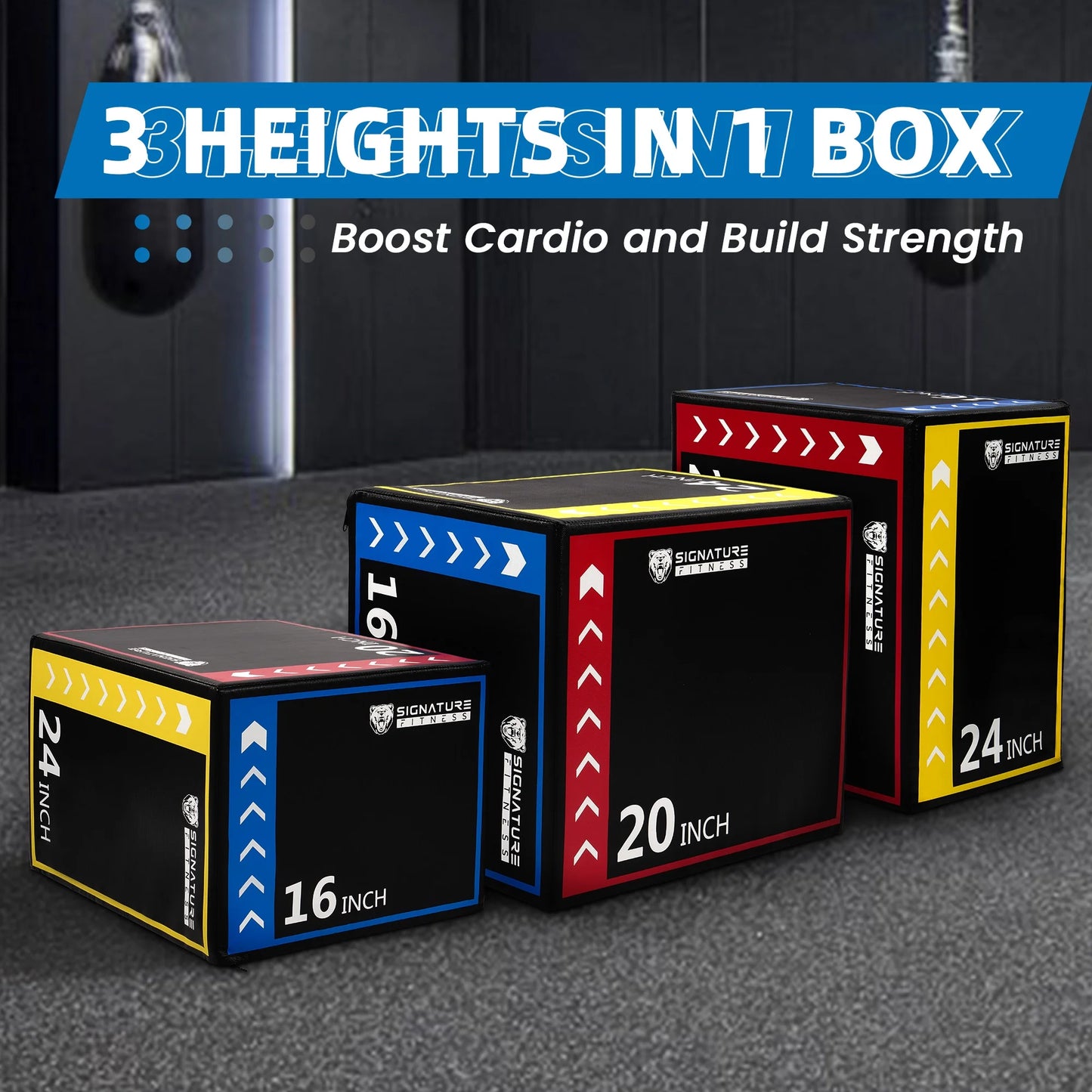 3-In-1 Foam Plyometric Jump Box, Adjustable Height 16/20/24 Inch, Anti-Slip Surface, Easy to Clean, for Home Gym Training, Multi-Color