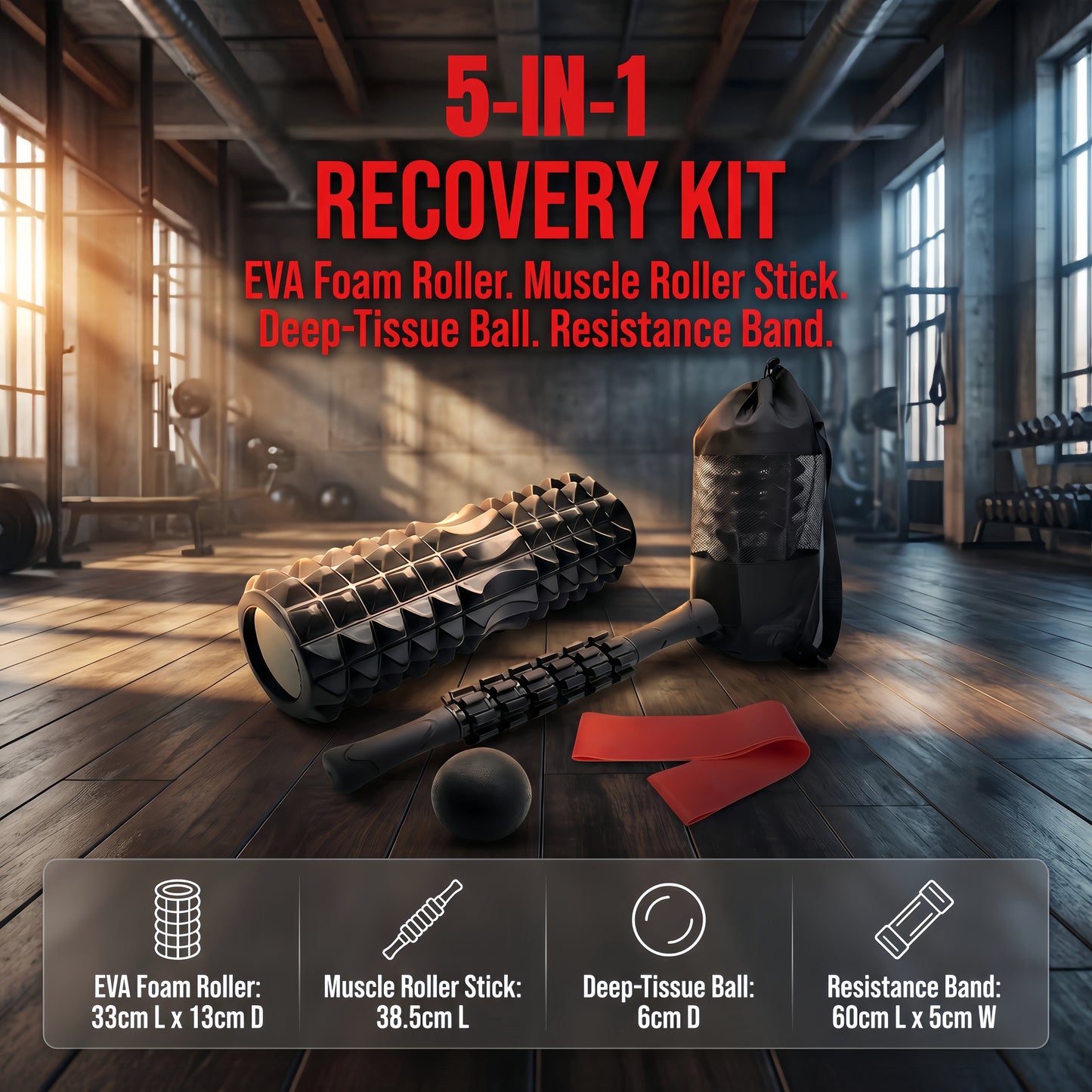 5 in 1 Foam Roller Set, Deep Tissue Muscle Massage Roller Kit with Massage Stick, Massage Ball, Resistance Band & Carry Bag for Sore Muscle Relief, Myofascial Release, Trigger Point Therapy