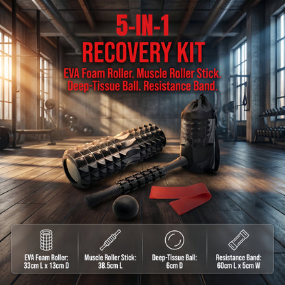5 in 1 Foam Roller Set, Deep Tissue Muscle Massage Roller Kit with Massage Stick, Massage Ball, Resistance Band & Carry Bag for Sore Muscle Relief, Myofascial Release, Trigger Point Therapy