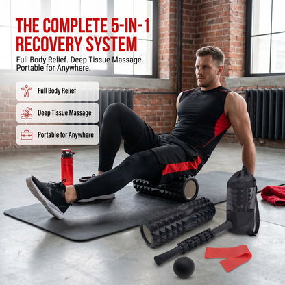 5 in 1 Foam Roller Set, Deep Tissue Muscle Massage Roller Kit with Massage Stick, Massage Ball, Resistance Band & Carry Bag for Sore Muscle Relief, Myofascial Release, Trigger Point Therapy