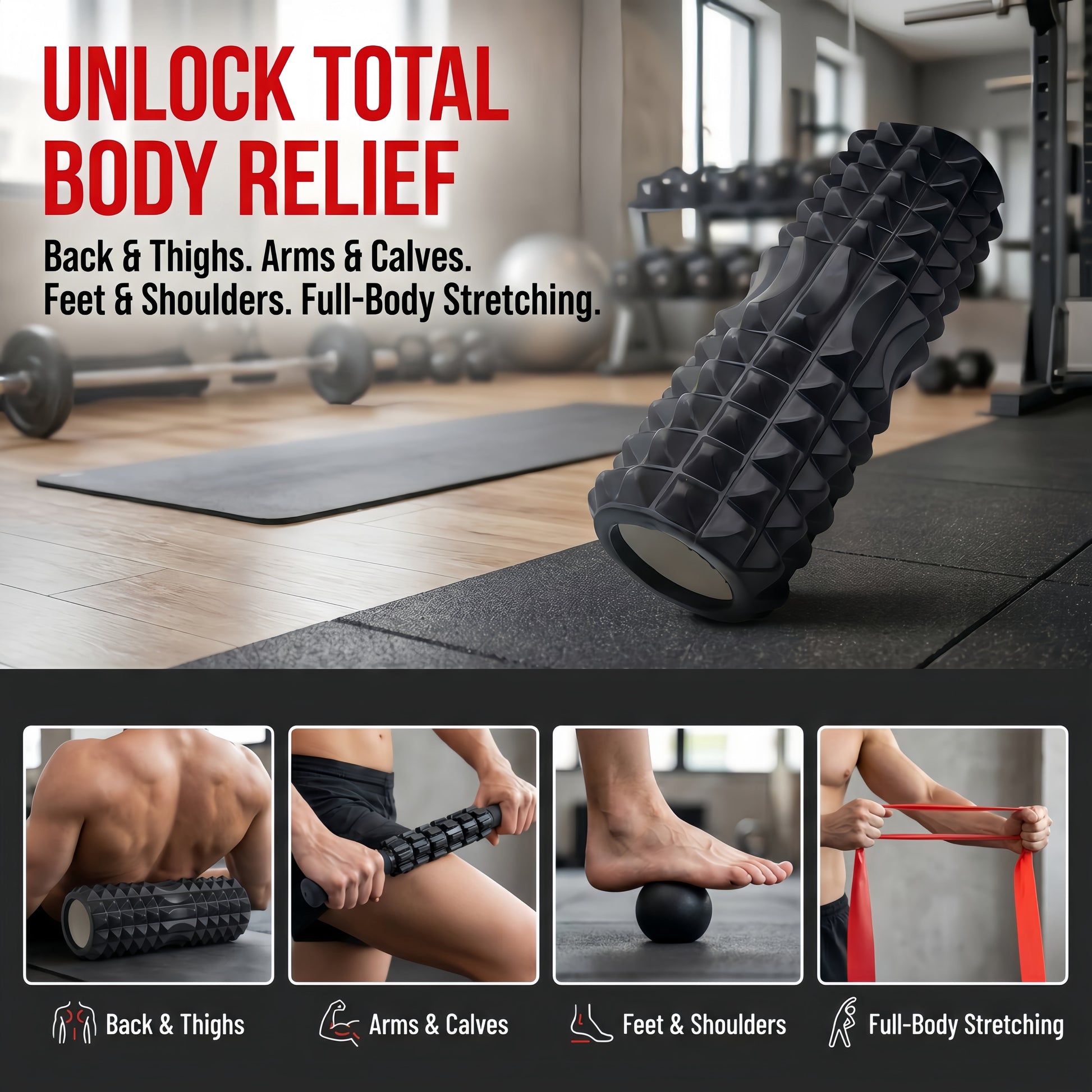5 in 1 Foam Roller Set, Deep Tissue Muscle Massage Roller Kit with Massage Stick, Massage Ball, Resistance Band & Carry Bag for Sore Muscle Relief, Myofascial Release, Trigger Point Therapy