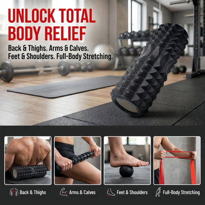 5 in 1 Foam Roller Set, Deep Tissue Muscle Massage Roller Kit with Massage Stick, Massage Ball, Resistance Band & Carry Bag for Sore Muscle Relief, Myofascial Release, Trigger Point Therapy