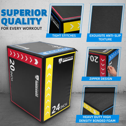 3-In-1 Foam Plyometric Jump Box, Adjustable Height 16/20/24 Inch, Anti-Slip Surface, Easy to Clean, for Home Gym Training, Multi-Color